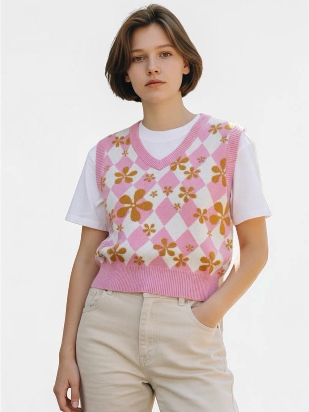 A-LAB Noire Pink Crop Sweater Vest S Argyle Diamond Mod Floral Retro Clean Girl